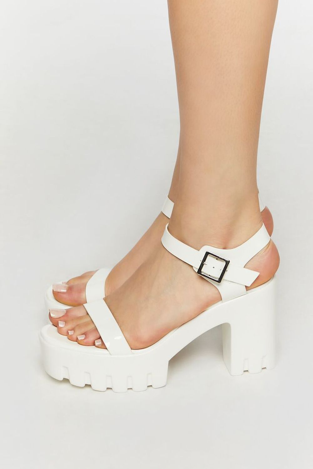 WHITE Faux Patent Leather Open-Toe Lug Heels, image 2