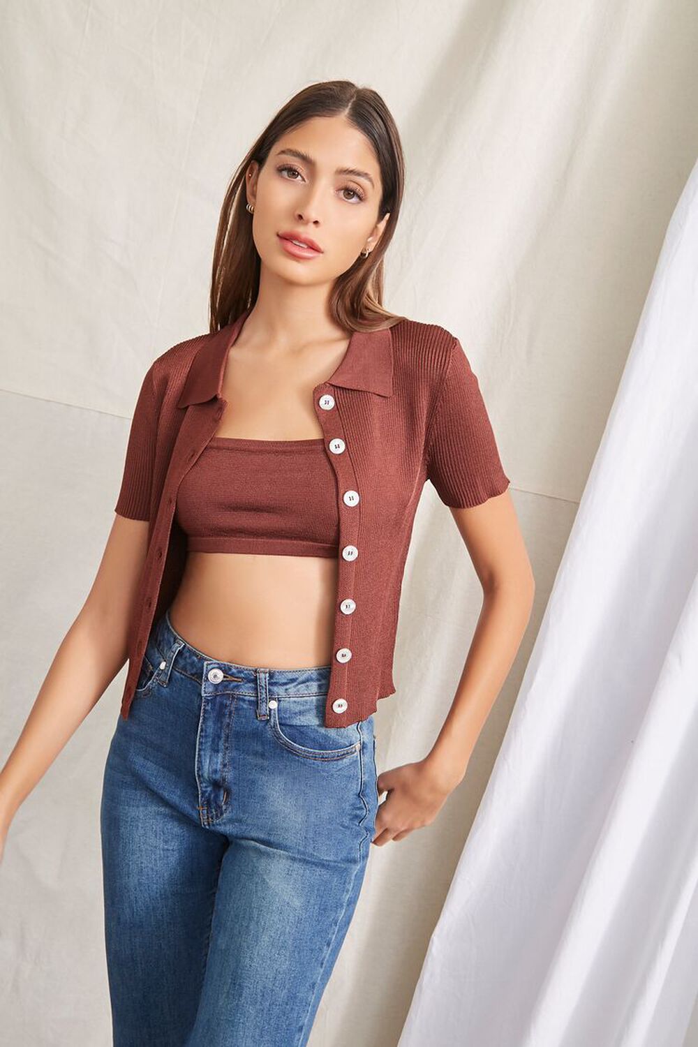 BROWN Cropped Cami & Shirt Set, image 1
