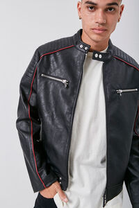 BLACK/RED Faux Leather Piped-Trim Bomber Jacket, image 5