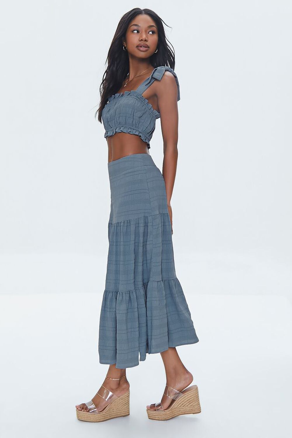 TEAL BLUE Ruffled Crop Top & Maxi Skirt Set, image 2