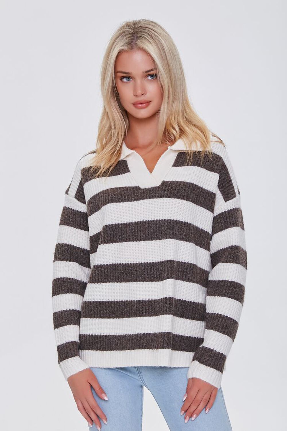 CREAM/BROWN Striped Sweater-Knit Pullover, image 1