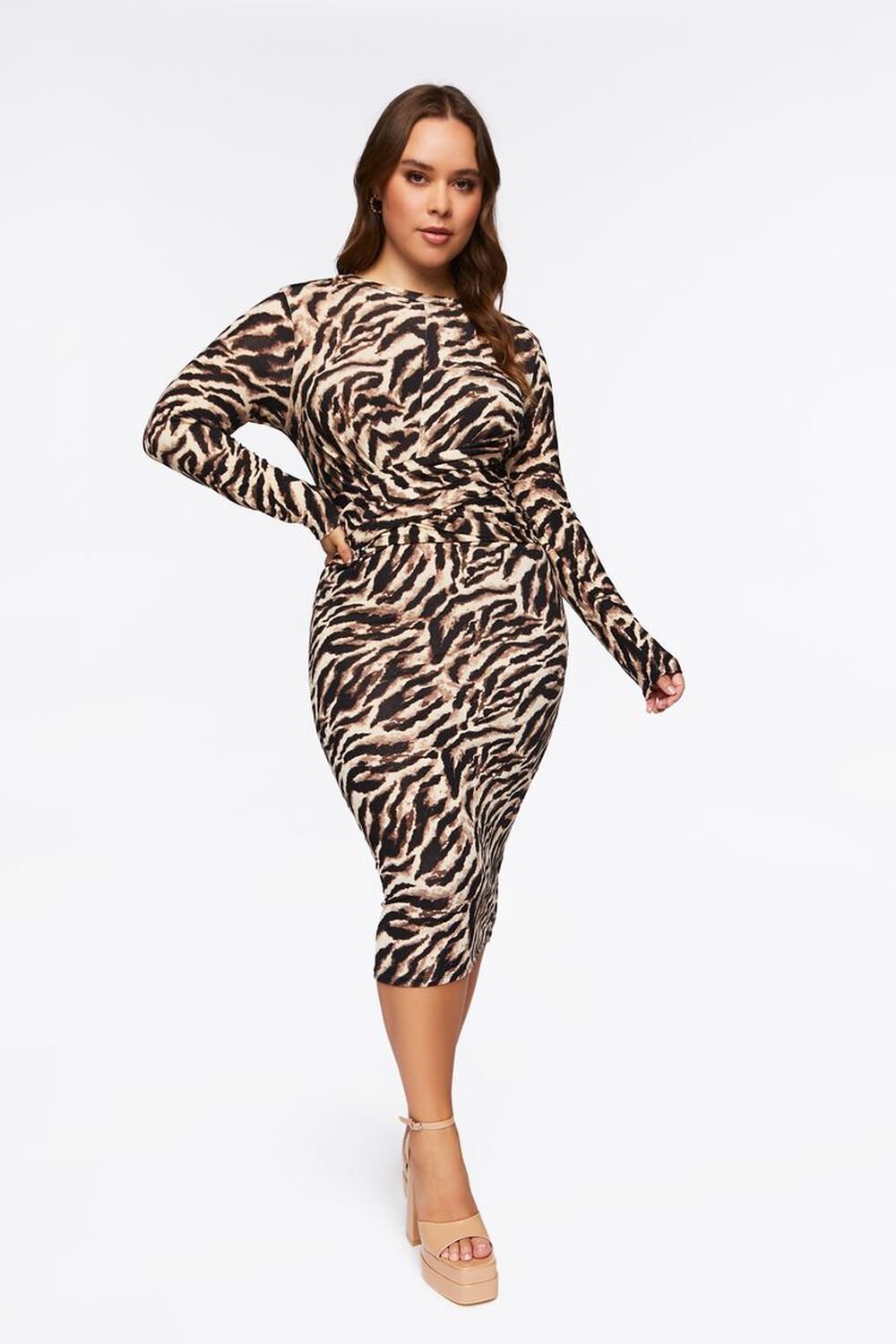 BROWN/MULTI Plus Size Zebra Print Midi Dress, image 1