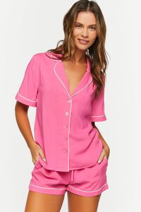 HOT PINK/WHITE Piped-Trim Shirt & Shorts Pajama Set, image 1