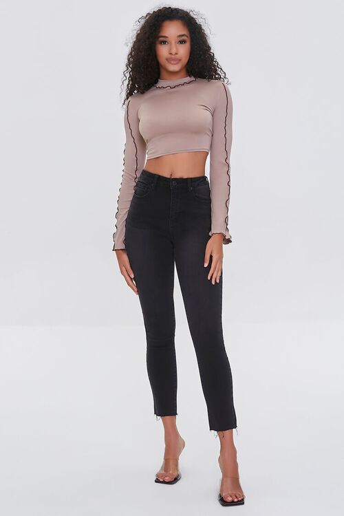 TAUPE/CHOCOLATE Lettuce-Edge Lace-Back Crop Top, image 5
