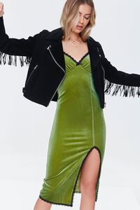GREEN Velvet Lace-Trim Bodycon Dress, image 2