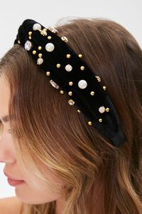 BLACK Faux Pearl & Stud Velvet Headband, image 2