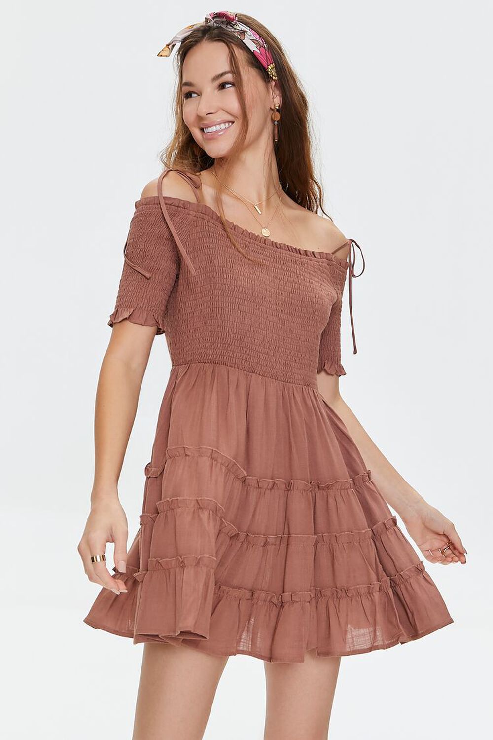 TAN Smocked Open-Shoulder Mini Dress, image 1