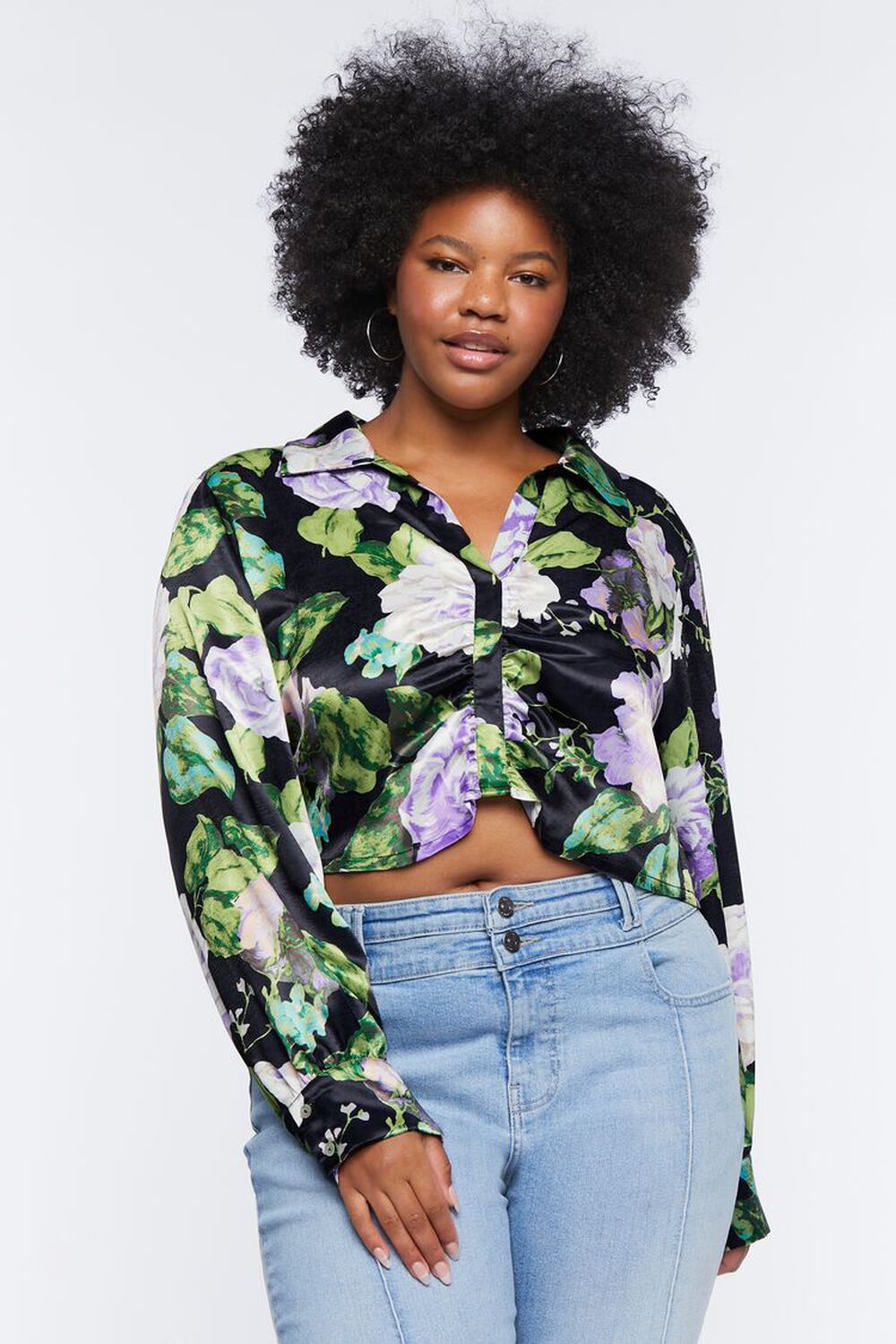 BLACK/MULTI Plus Size Satin Floral Print Shirt, image 1