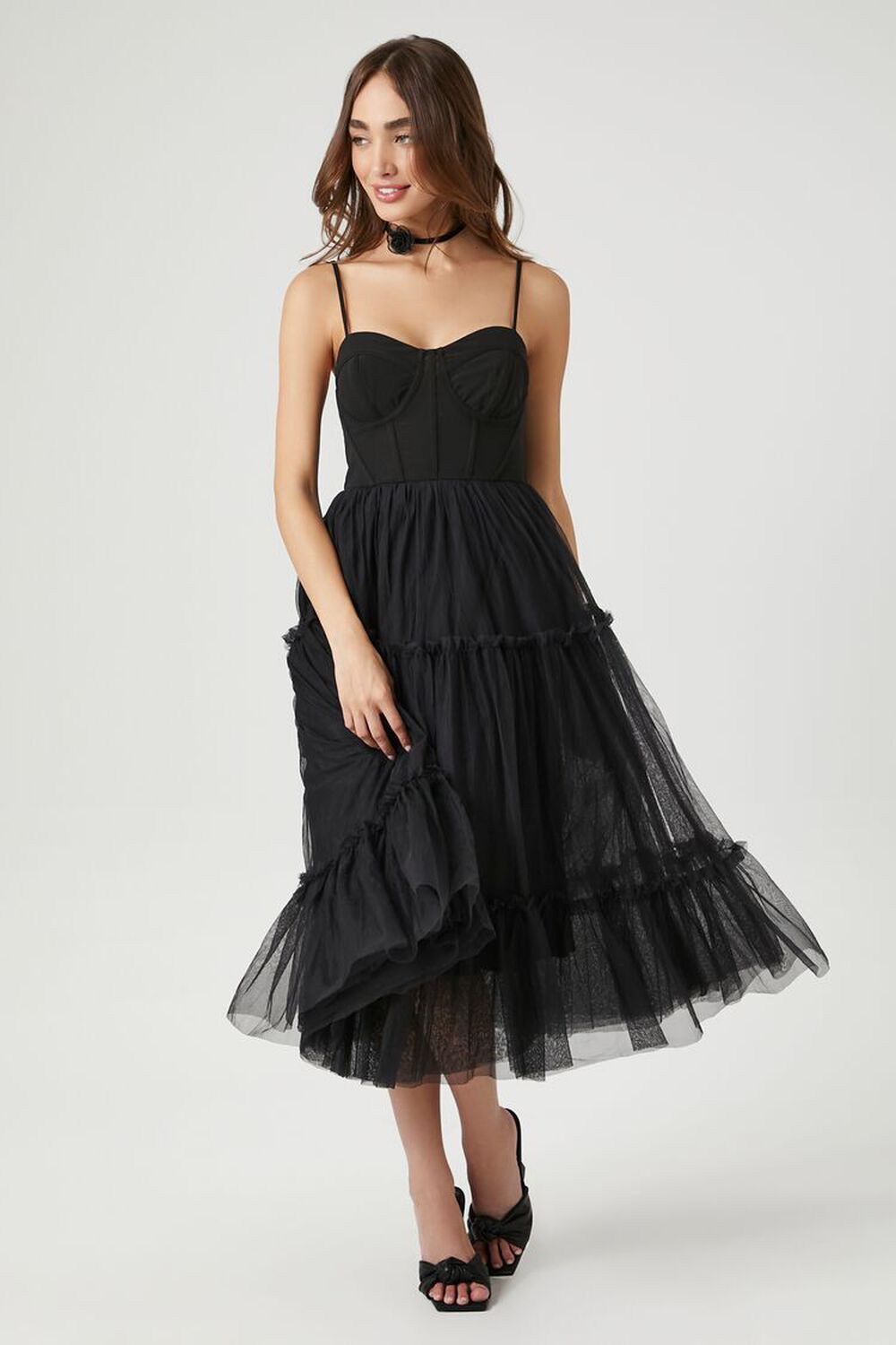 BLACK Tulle Ruffled Bustier Midi Dress, image 1