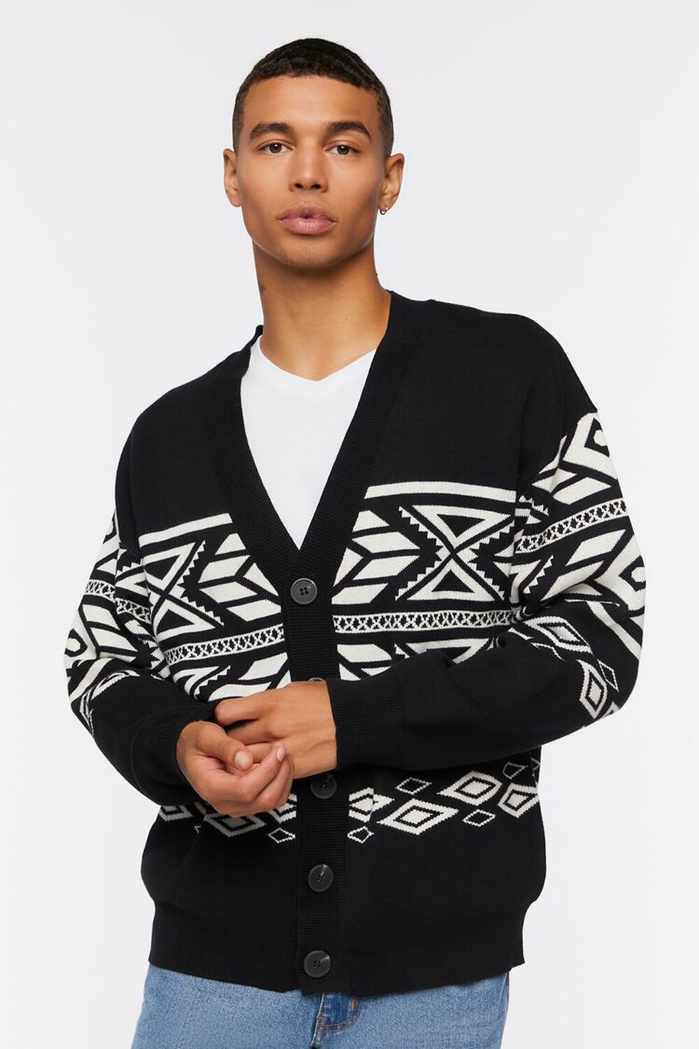 BLACK/CREAM Geo Print Cardigan Sweater, image 1
