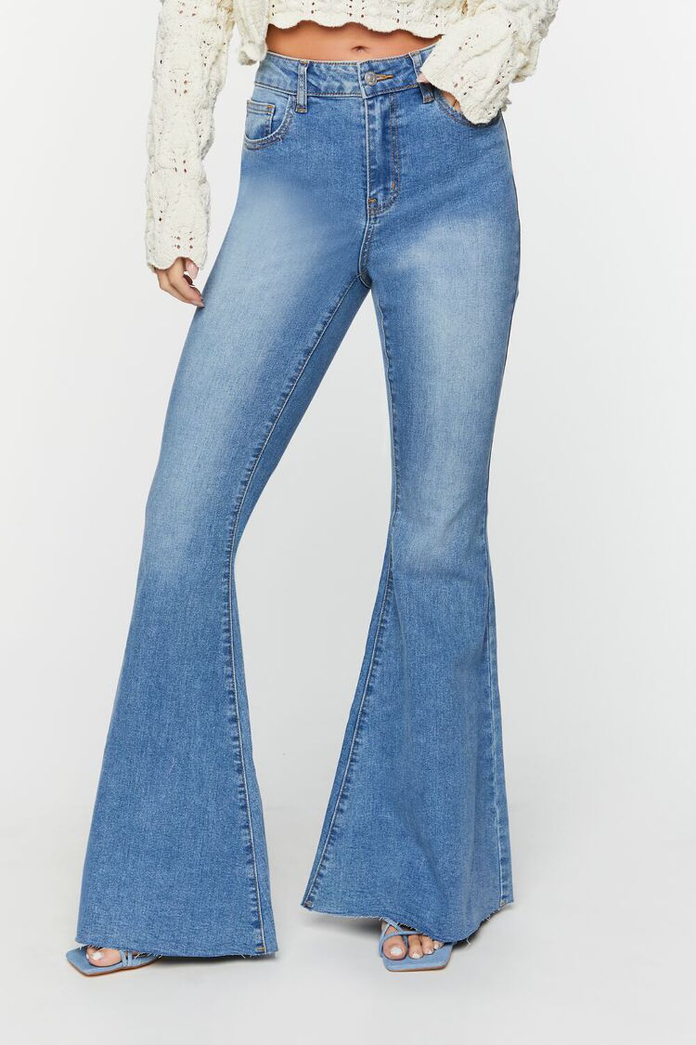MEDIUM DENIM Raw-Cut Mid-Rise Flare Jeans, image 1