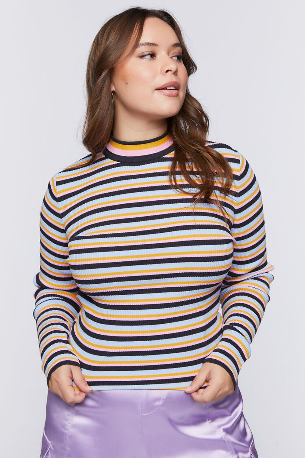BLACK/MULTI Plus Size Striped Ribbed Turtleneck Sweater, image 1
