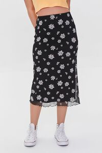 BLACK/MULTI Floral Print Lettuce-Edge Skirt, image 2