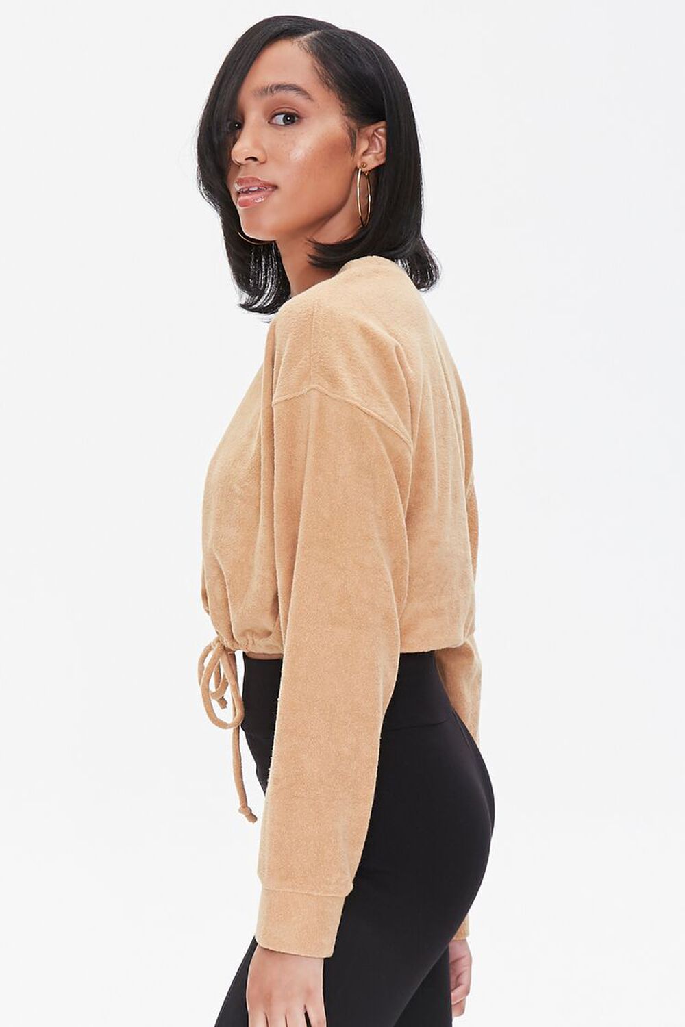 BROWN French Terry Drop-Sleeve Top, image 2