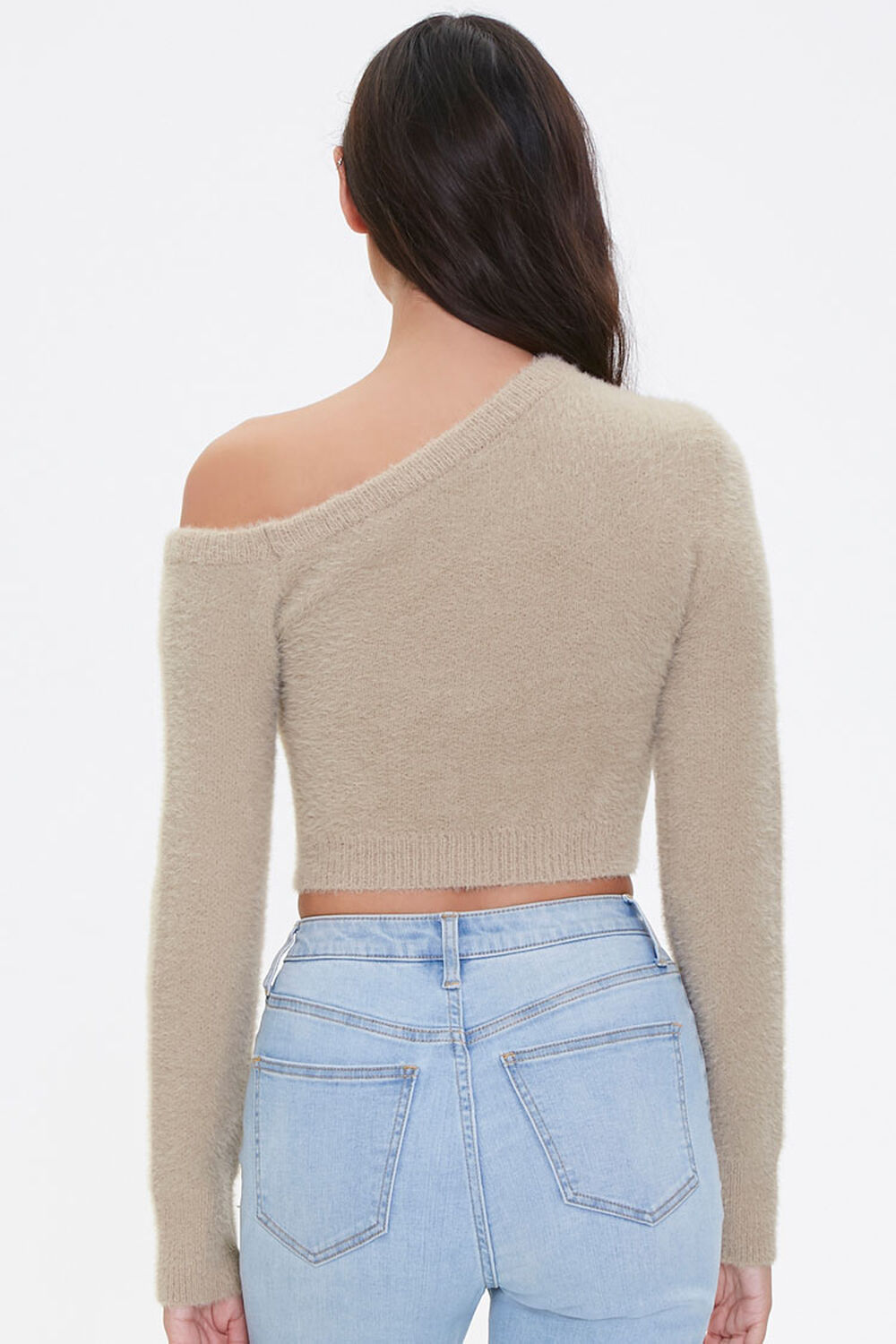 TAN Fuzzy Knit One-Shoulder Sweater, image 3