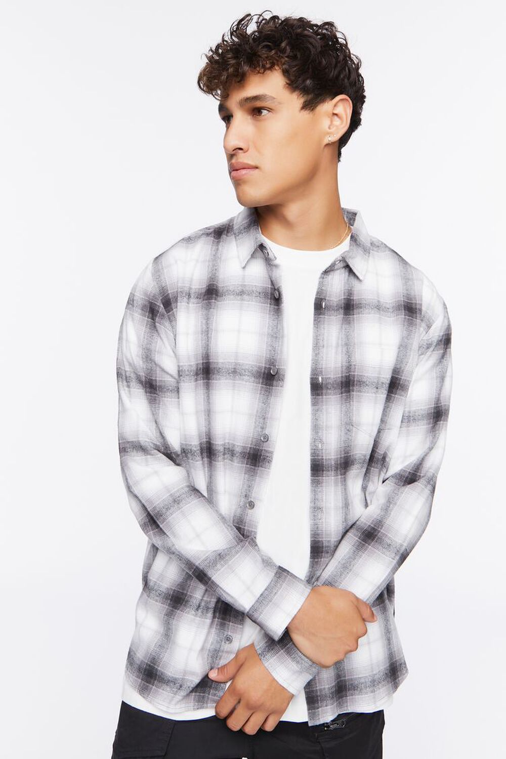 WHITE/GREY Plaid Flannel Shirt, image 1
