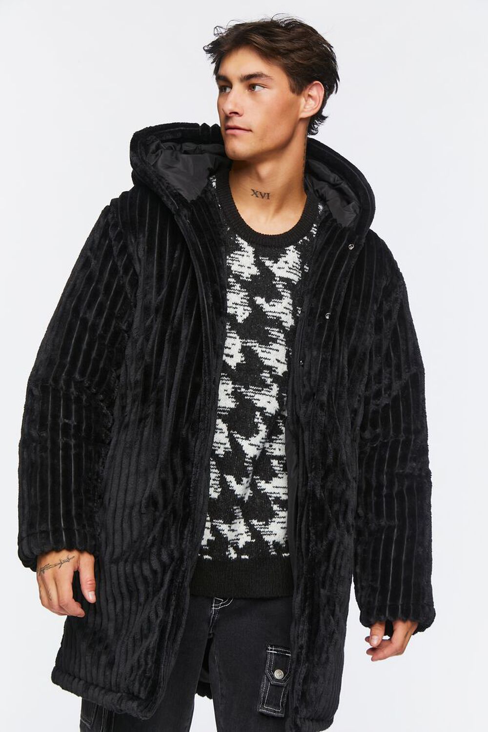 BLACK Hooded Plush Longline Coat, image 1