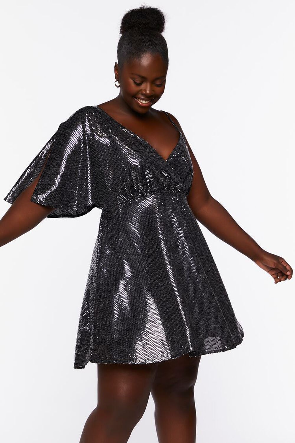 BLACK/SILVER Plus Size Sequin Asymmetrical Mini Dress, image 1