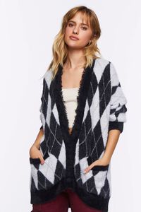 BLACK/MULTI Fuzzy Argyle Cardigan Sweater, image 1