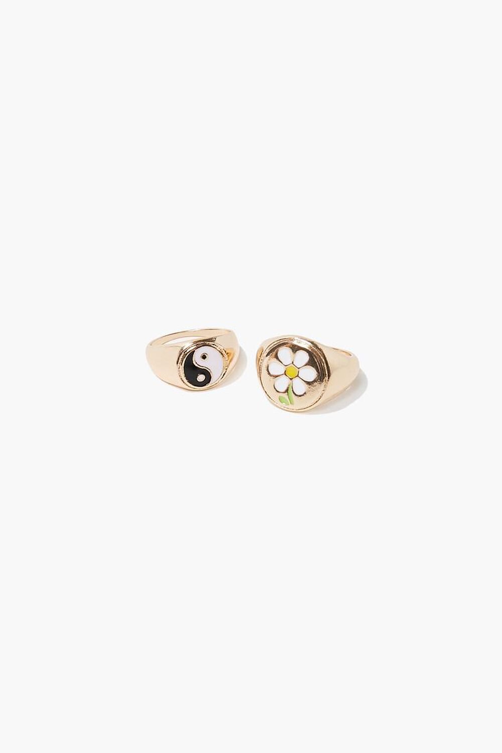 GOLD Yin-Yang & Daisy Charm Ring Set, image 1