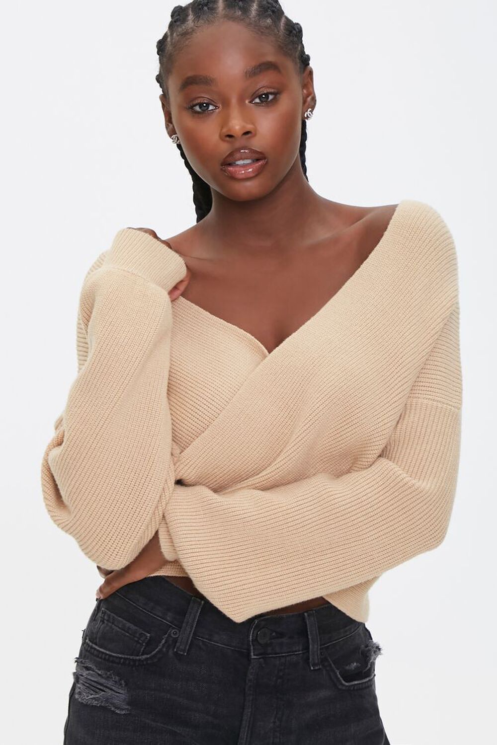 TAUPE Ribbed Crisscross-Front Sweater, image 1