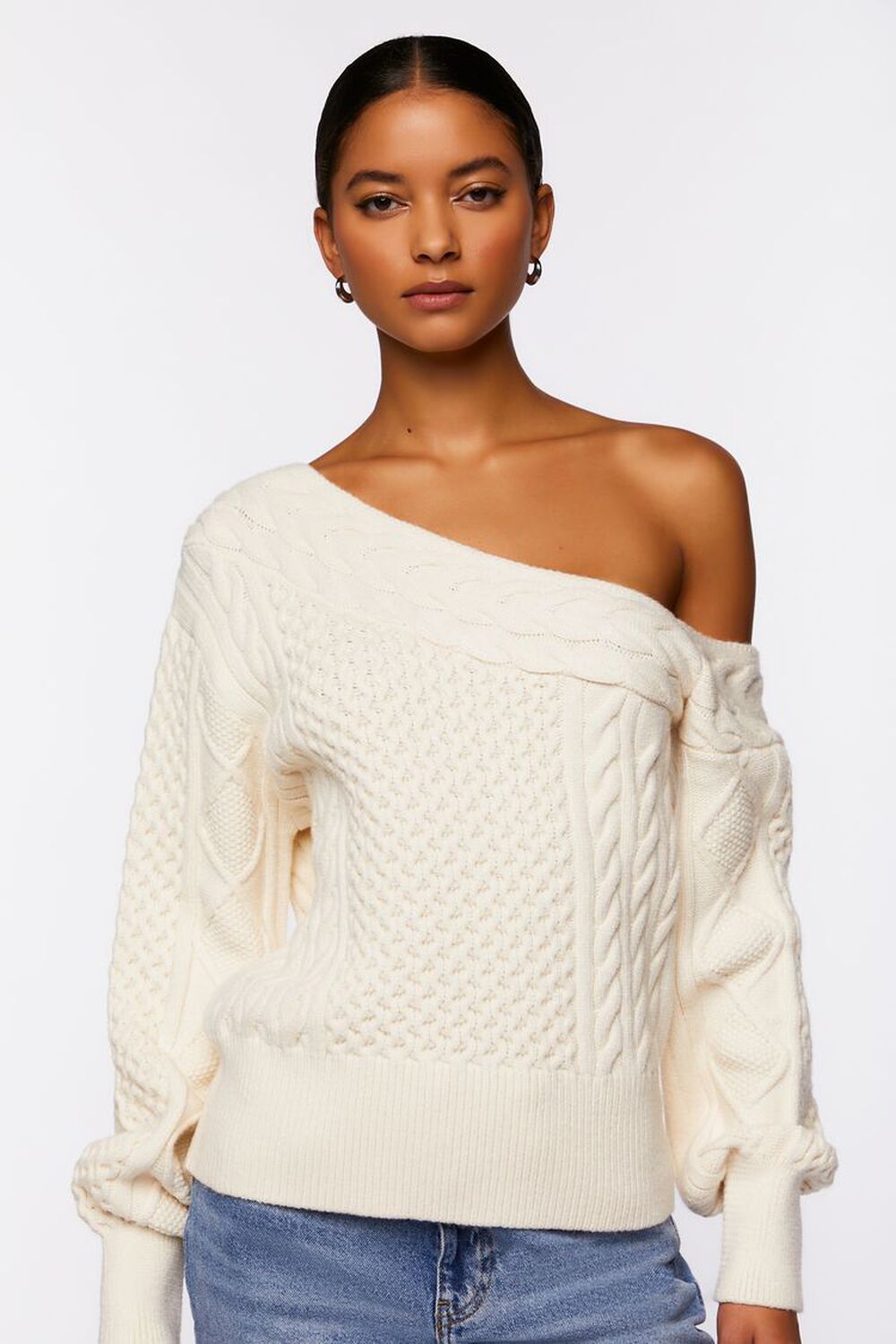 CREAM One-Shoulder Cable Knit Sweater, image 1