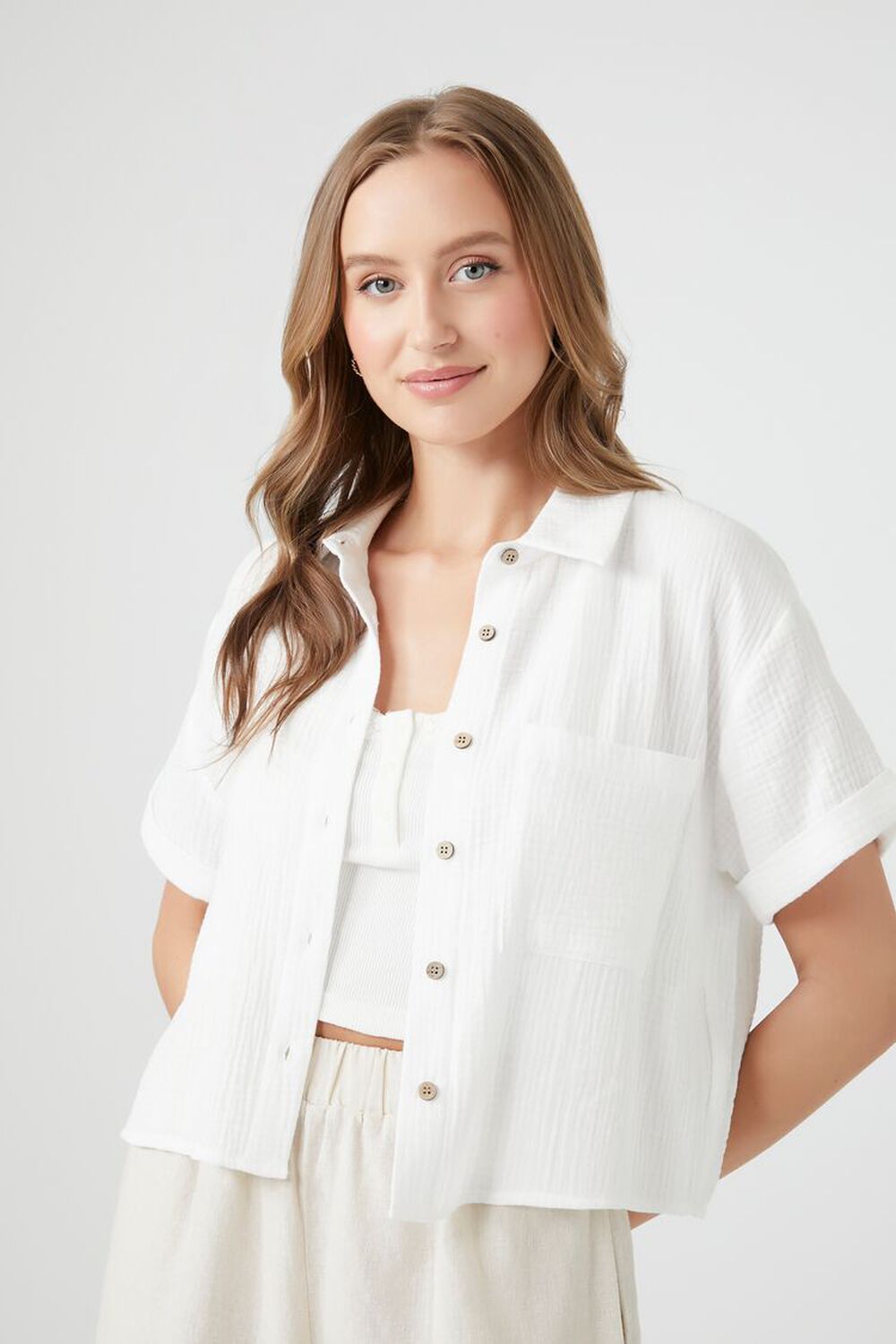 WHITE Textured Boxy Short-Sleeve Shirt, image 1