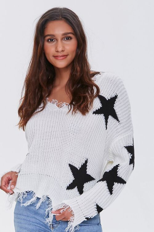 CREAM/BLACK Distressed Star Print Sweater, image 1