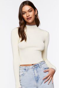 CREAM/PURPLE Ribbed Sweater-Knit Mock Neck Top, image 1