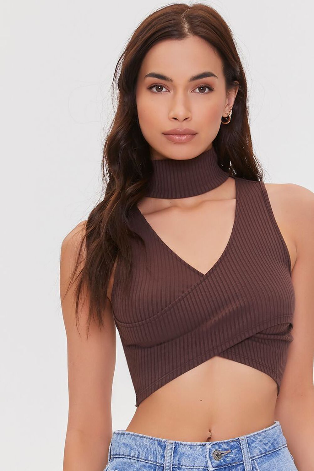 CHOCOLATE Ribbed Crossover Cutout Crop Top, image 1