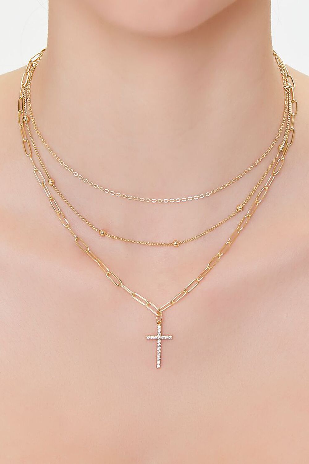 GOLD Rhinestone Cross Layered Necklace, image 1