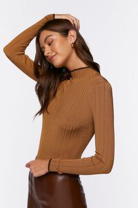 TAN/WALNUT Ribbed Sweater-Knit Mock Neck Top, image 2