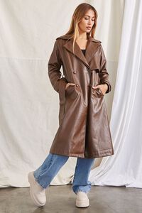 BROWN Faux Leather Trench Coat, image 4