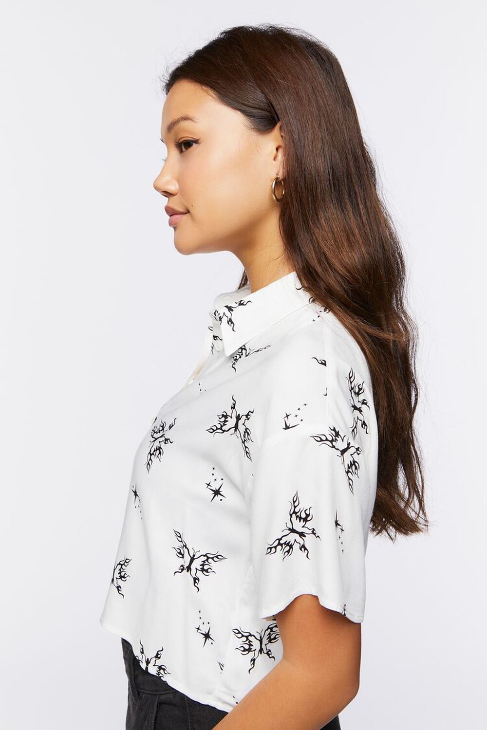 WHITE/BLACK Butterfly Print Cropped Shirt, image 2