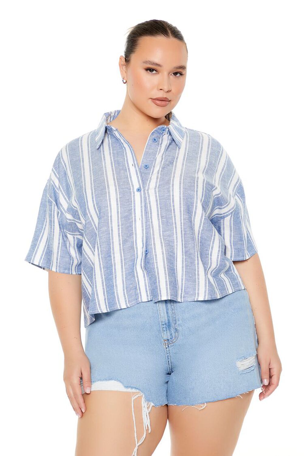 BLUE/WHITE Plus Size Striped Linen-Blend Shirt, image 1