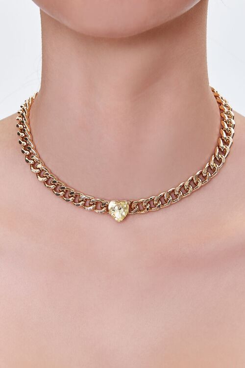GOLD Faux Gem Heart Charm Choker Necklace, image 1