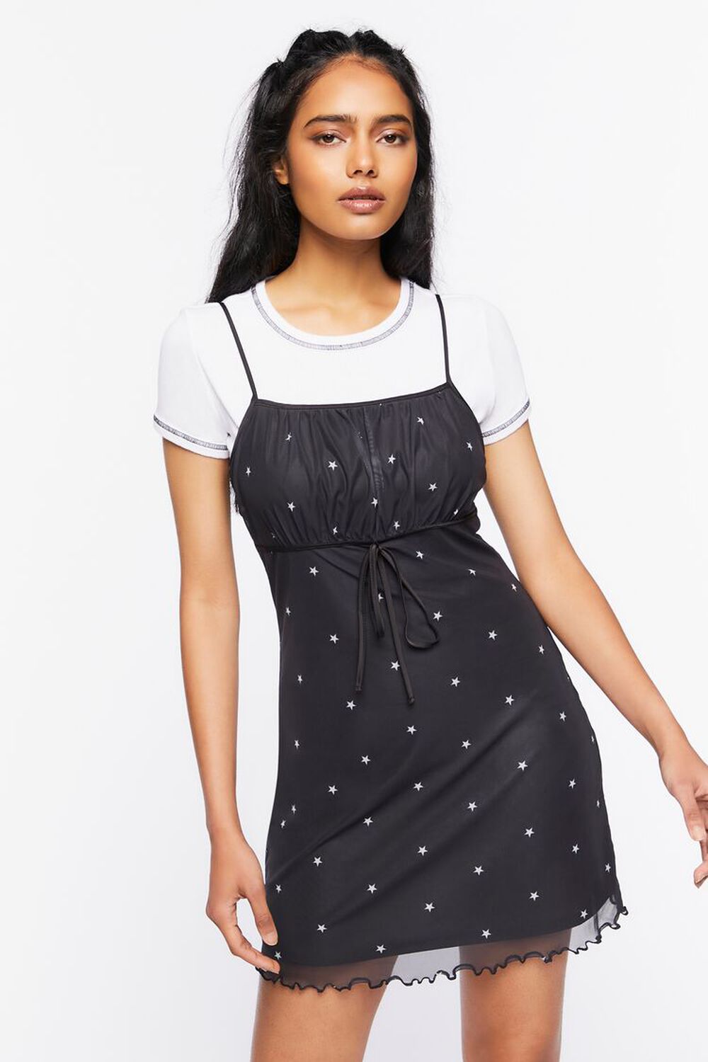 BLACK/WHITE Star Print Mesh Mini Dress, image 1