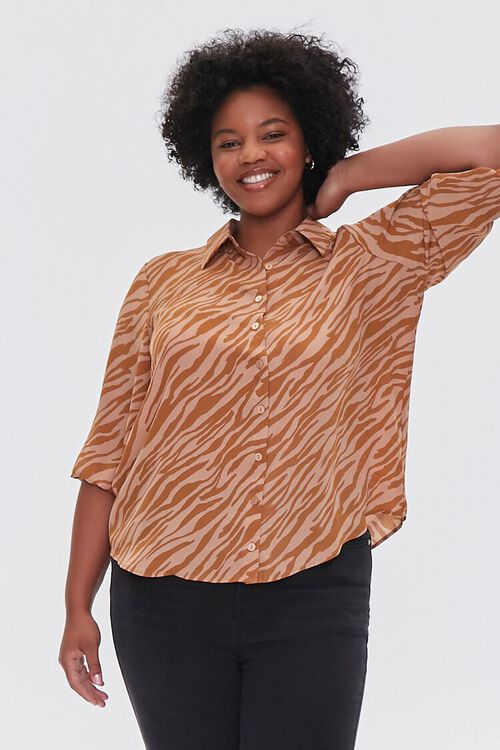 BROWN/MULTI Plus Size Tiger Print Peasant Shirt, image 5