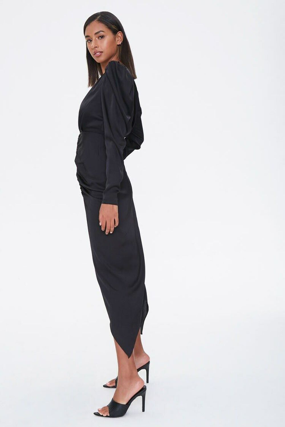 BLACK Ruched Puff-Sleeve Midi Dress, image 2