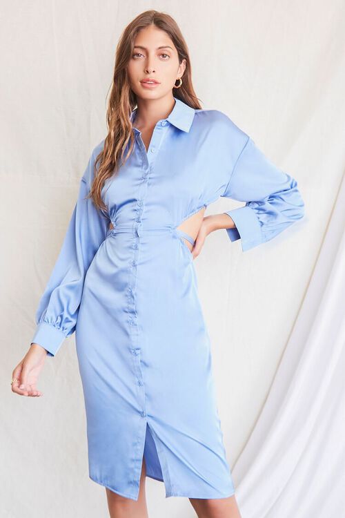 BLUE Satin Cutout Shirt Dress, image 1