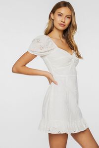 WHITE Floral Eyelet Puff-Sleeve Mini Dress, image 2