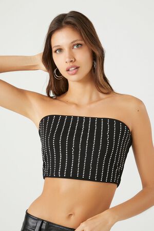 Forever 21 Women's Rhinestone-Fringe Crop Top in Black Medium | Date Night, Clubbing, Party Clothes | F21