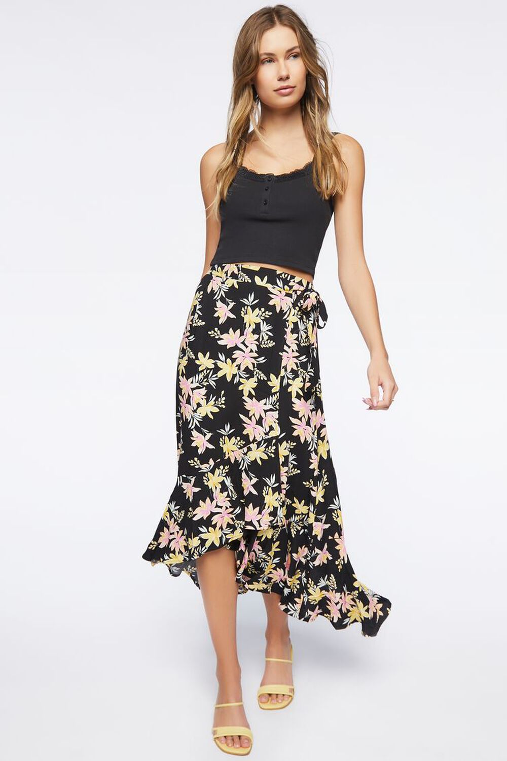 BLACK/MULTI Floral Print High-Low Skirt, image 1