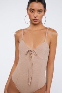 TAUPE Ribbed Lace-Up Cami Bodysuit, image 5