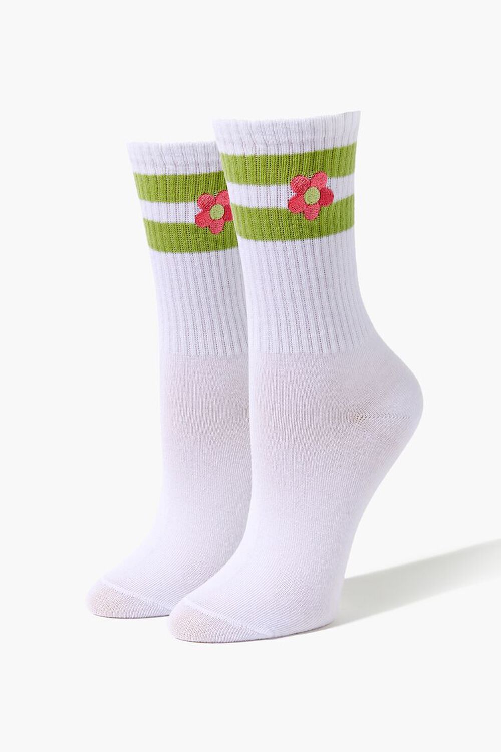 WHITE/GREEN Embroidered Floral Crew Socks, image 1