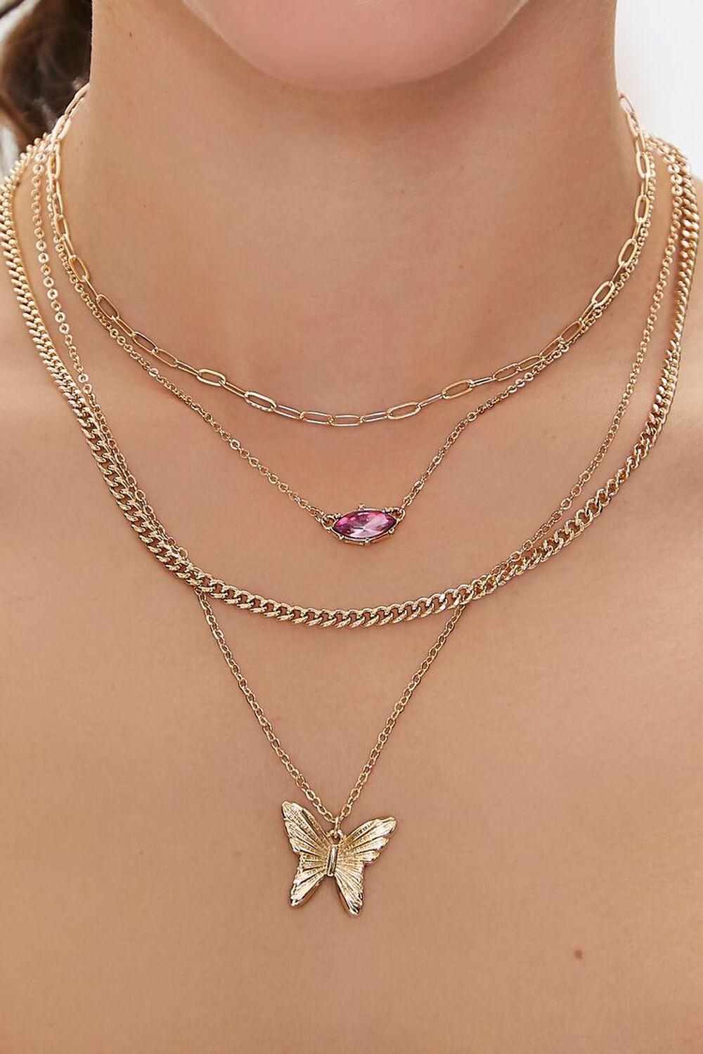 GOLD/PINK Upcycled Butterfly Layered Necklace Set, image 1