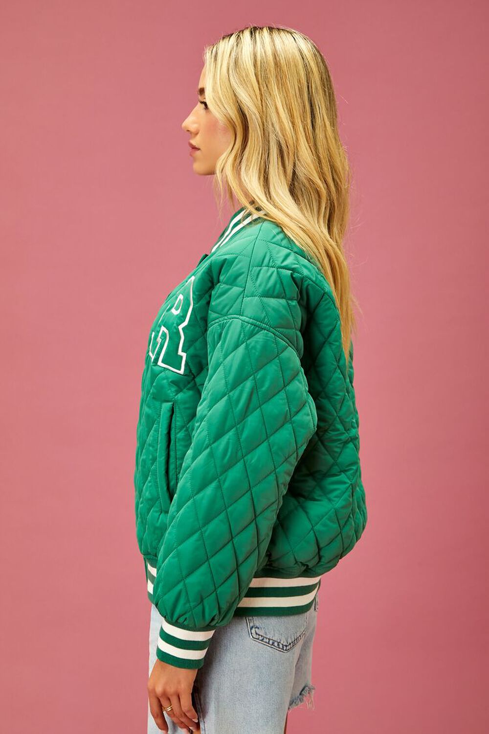 Forever 21 Women's Quilted Reebok Varsity Jacket in Green Large | F21
