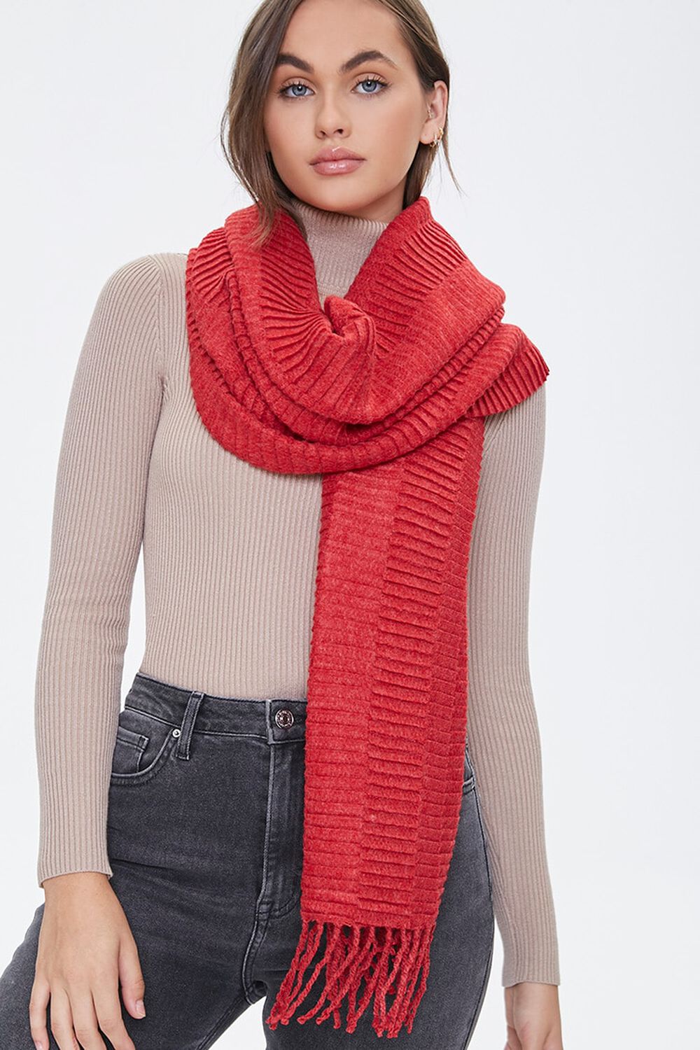RED Pintucked Fringe Scarf, image 1