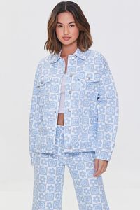 BLUE/WHITE Checkered Floral Denim Jacket, image 2