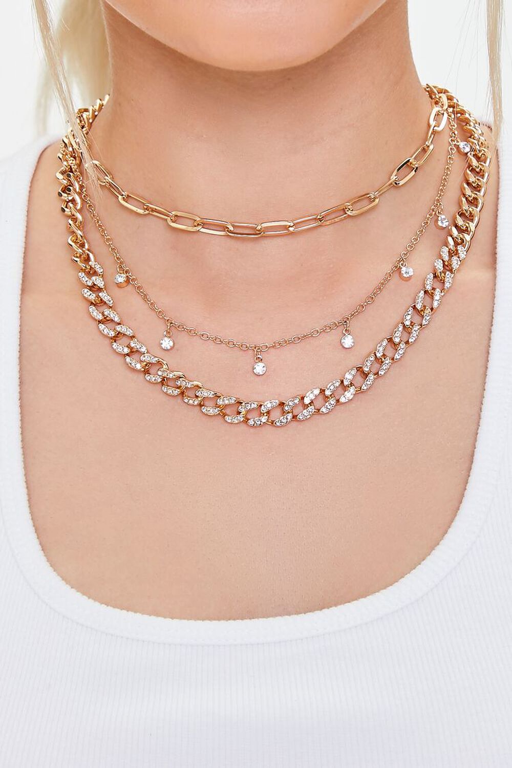 GOLD/CLEAR Rhinestone Layered Chain Necklace, image 1